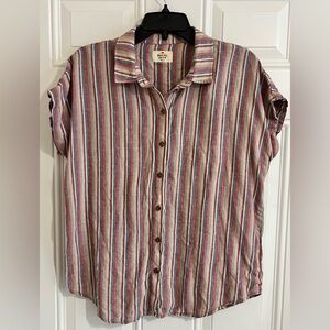 Marine Layer Dana Button-Up‎ Shirt Women Medium Stripe Linen Blend Short Sleeve